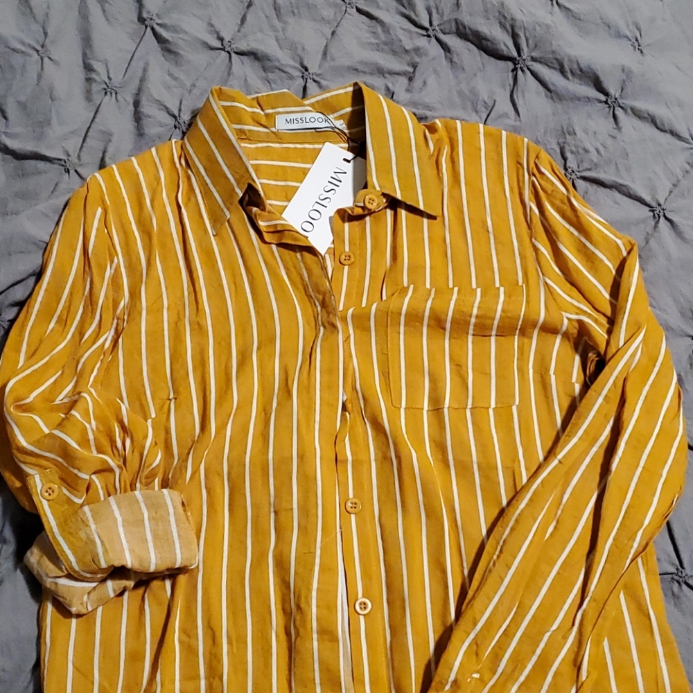 Mustard and white striped blouse